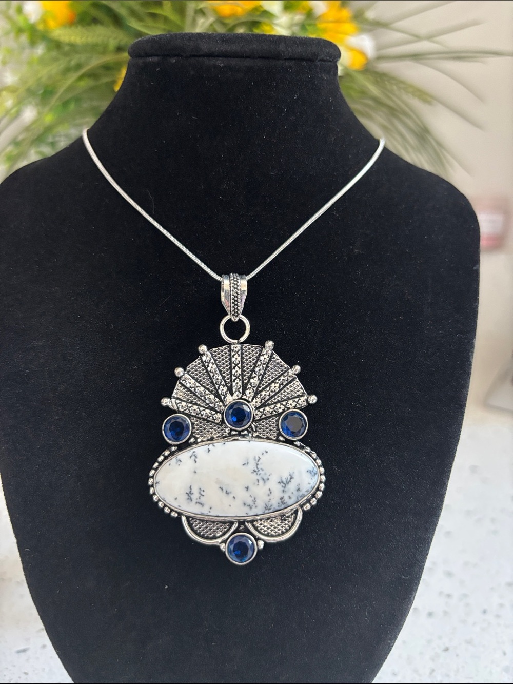 Sterling Silver Dendrite Opal Tanzanite Gemstone Pendant Necklace